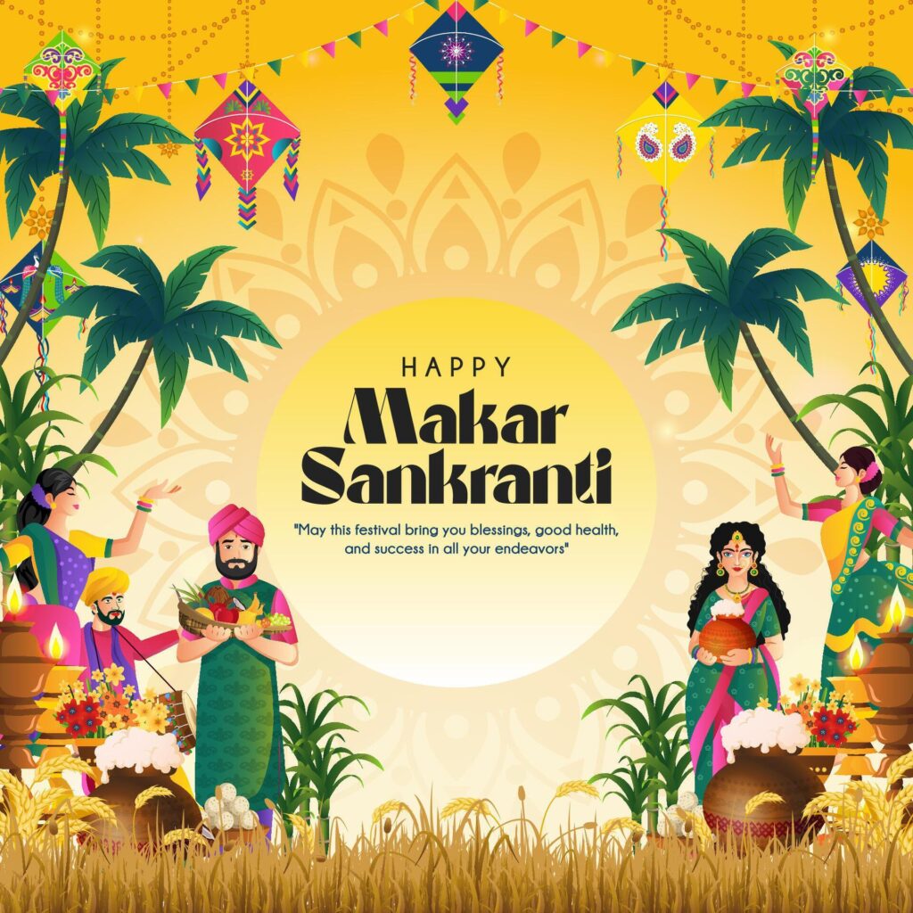 Makar Sankranti illustration of happy makar sankranti with indian people party background vector