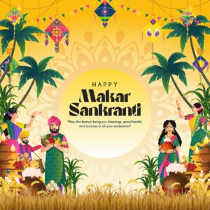 illustration of happy makar sankranti with indian people party background vector